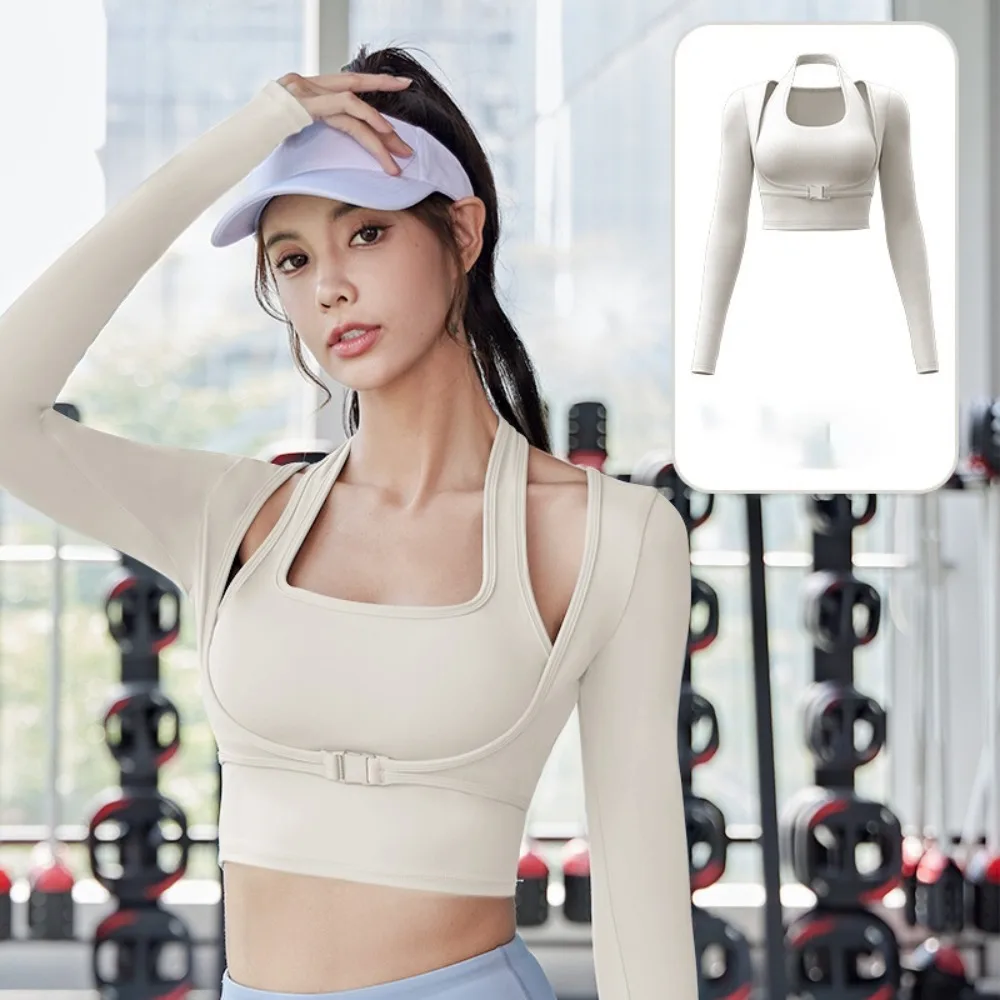

Long Sleeve Women Yoga Shirts Slim Chest Shock Proof Workout T-Shirt With Bra Pad Padded Girls Sports Top Gym Fitness