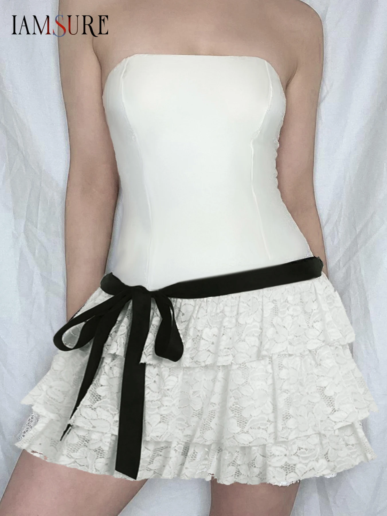 

IAMSURE Sweet Patchwork Lace Bandage A-Line Dress Casual Slim Slash Neck Sleeveless Mini Dresses For Women 2025 Summer Fashion