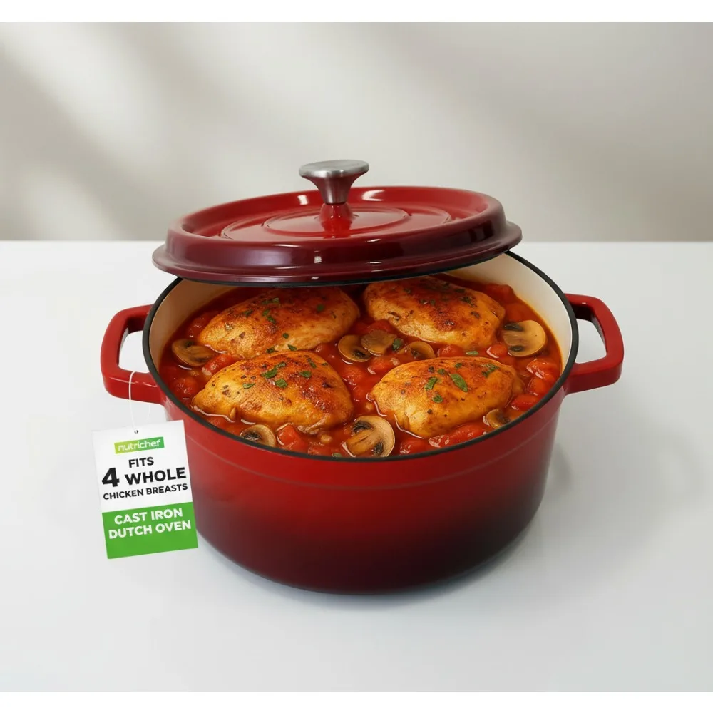 

5-Quart Enameled Cast Iron Dutch Oven - Self-Basting Lid, Induction Ready Family Cookware for Soups & Baking