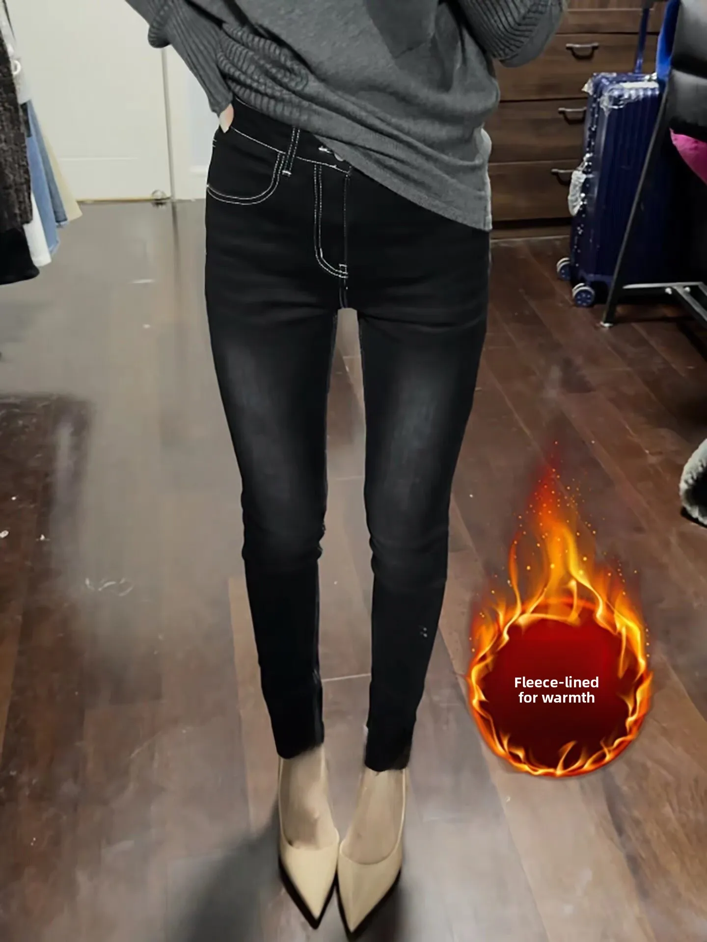 

Джинсы женские с высокой талией, на флисовой подкладке, облегающие, с эффектом подтяжки ягодиц, для невысоких, осенние, модные, в корейском стиле