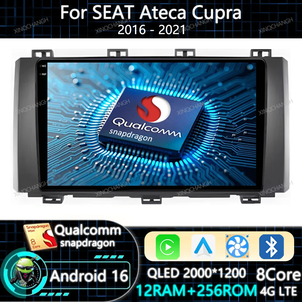 Android 16 Car Radio Carplay Auto For SEAT Ateca Cupra 2016 - 2021 BT Head Unit GPS QLED 4G WIFI Navigation 2DIN Qualcomm BT GPS