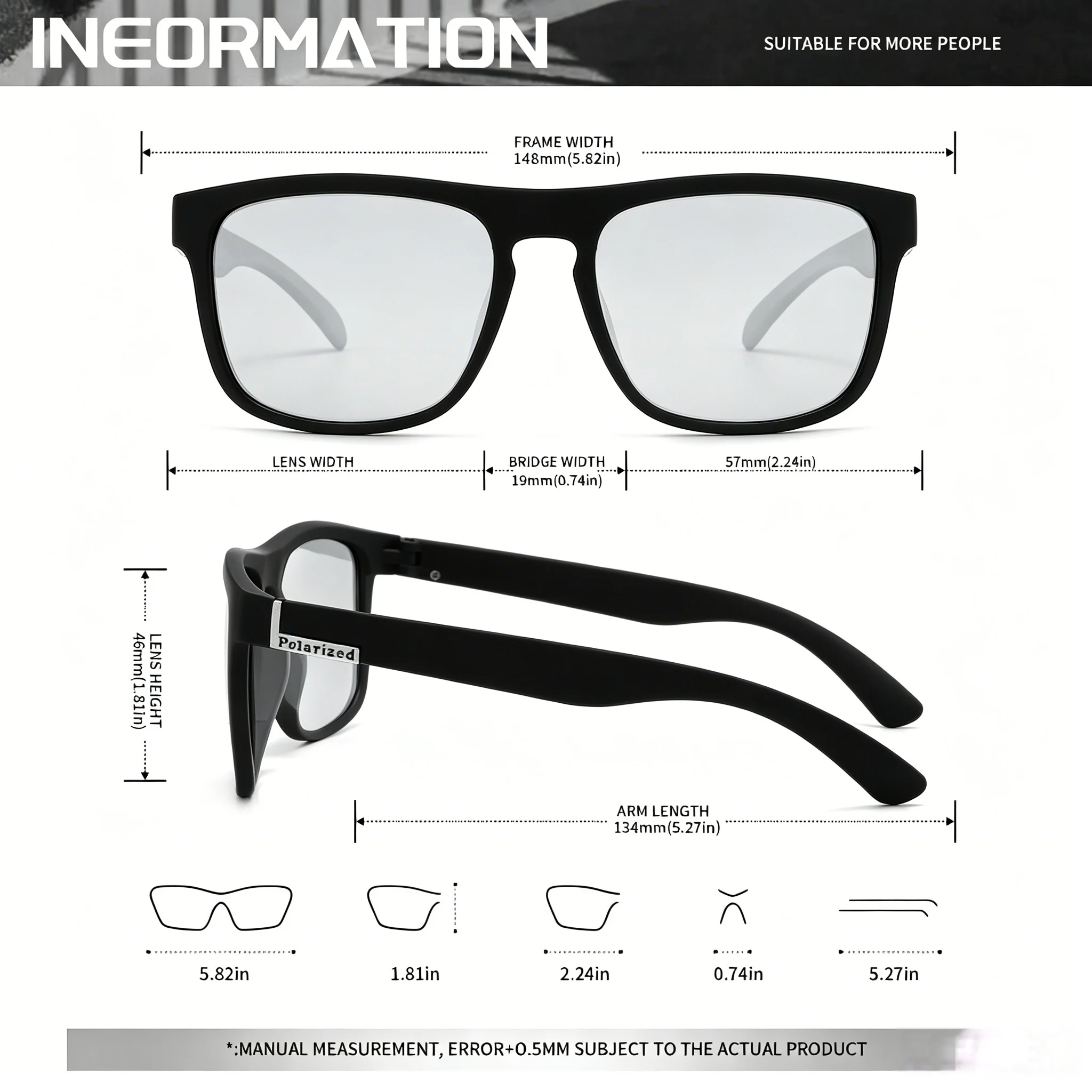 Sportliche Photochrome Polarisierte Sonnenbrille Unisex Klassischer Quadratischer Rahmen UV400 Blendschutz Ganztägiges Tragen zum Fahren Angeln Radfahren – Detail 9