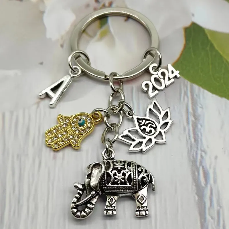 A-Z Letter Fashion Women Tribal Nation Unique Bohemian Style Gift Keychain Lotus Jewelry Elephant Handmade Car Keychain