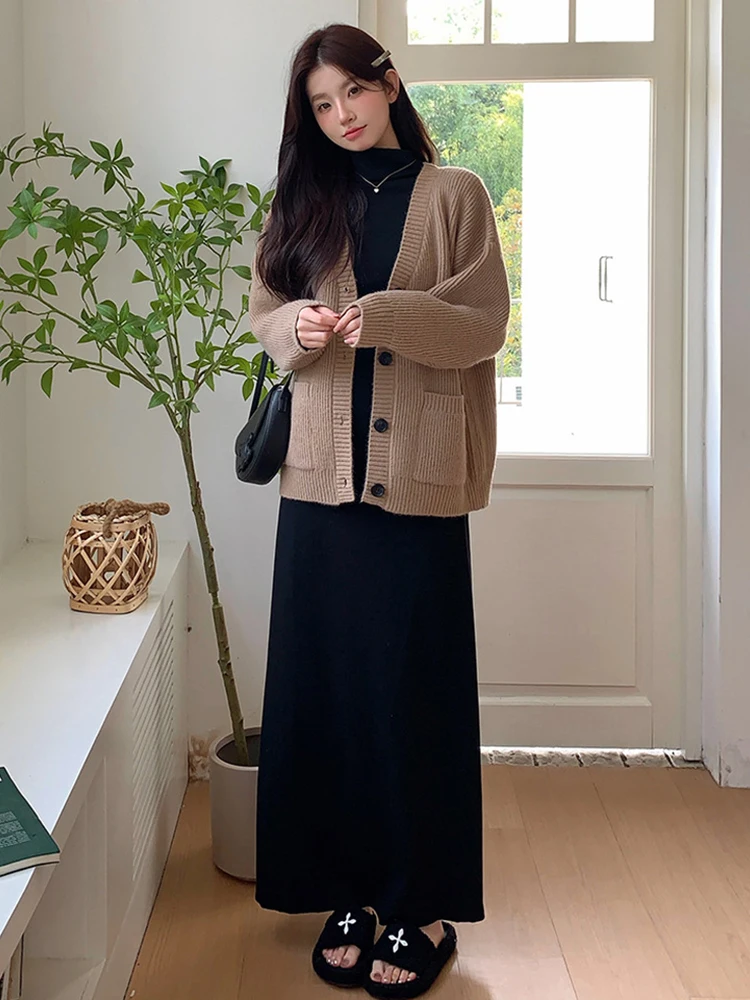 2024 Autumn Maternity Dress For Pregnancy Women Fashionable Long Black Knit Dress +  Thick Sweater Coat Elegant High-neck Dress