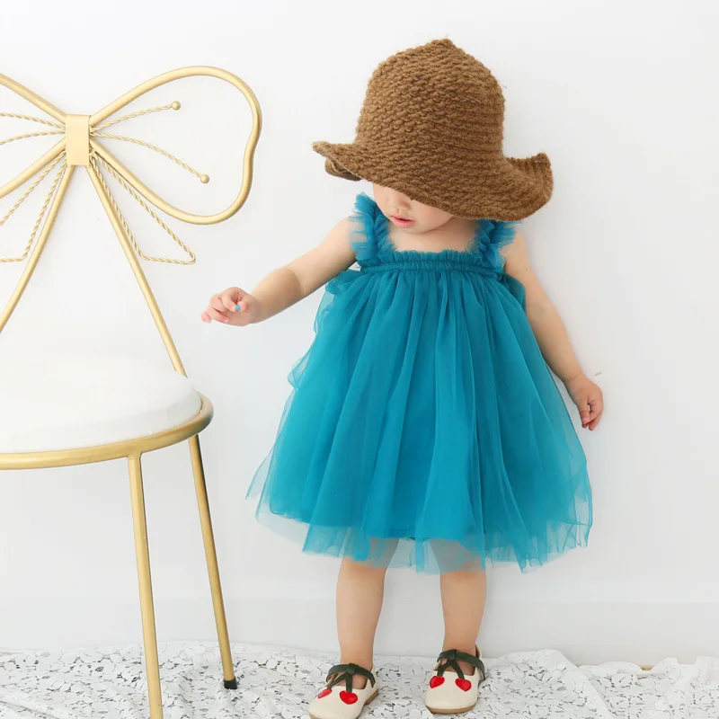 

2024 Summer Straps Tulle Wooden Ear Baby Princess Dress Petti skirt