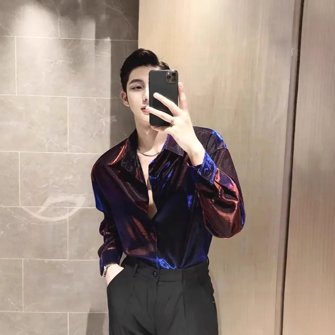 Futuristic Liquid Metal Shiny Long Sleeve Shirt Men's Stage Performance Casual Top