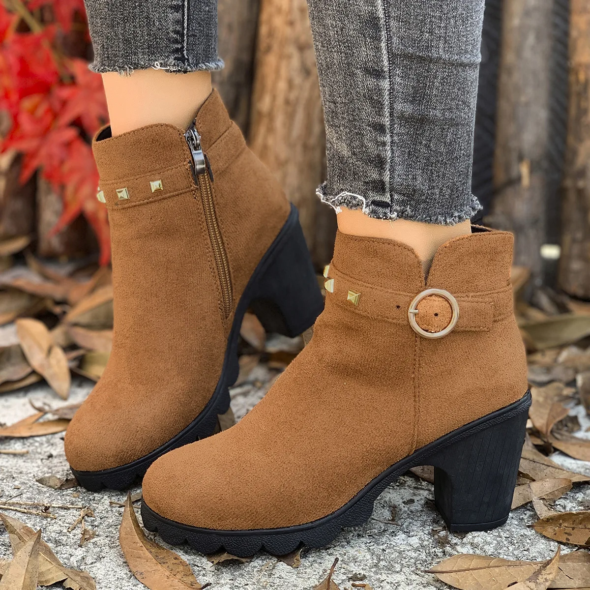 

plus Size Suede High-Heeled Fashion Boots for Women 2025 New Rivet Design Side Zipper Thick Heel Belt-Buckle Ankle Boots