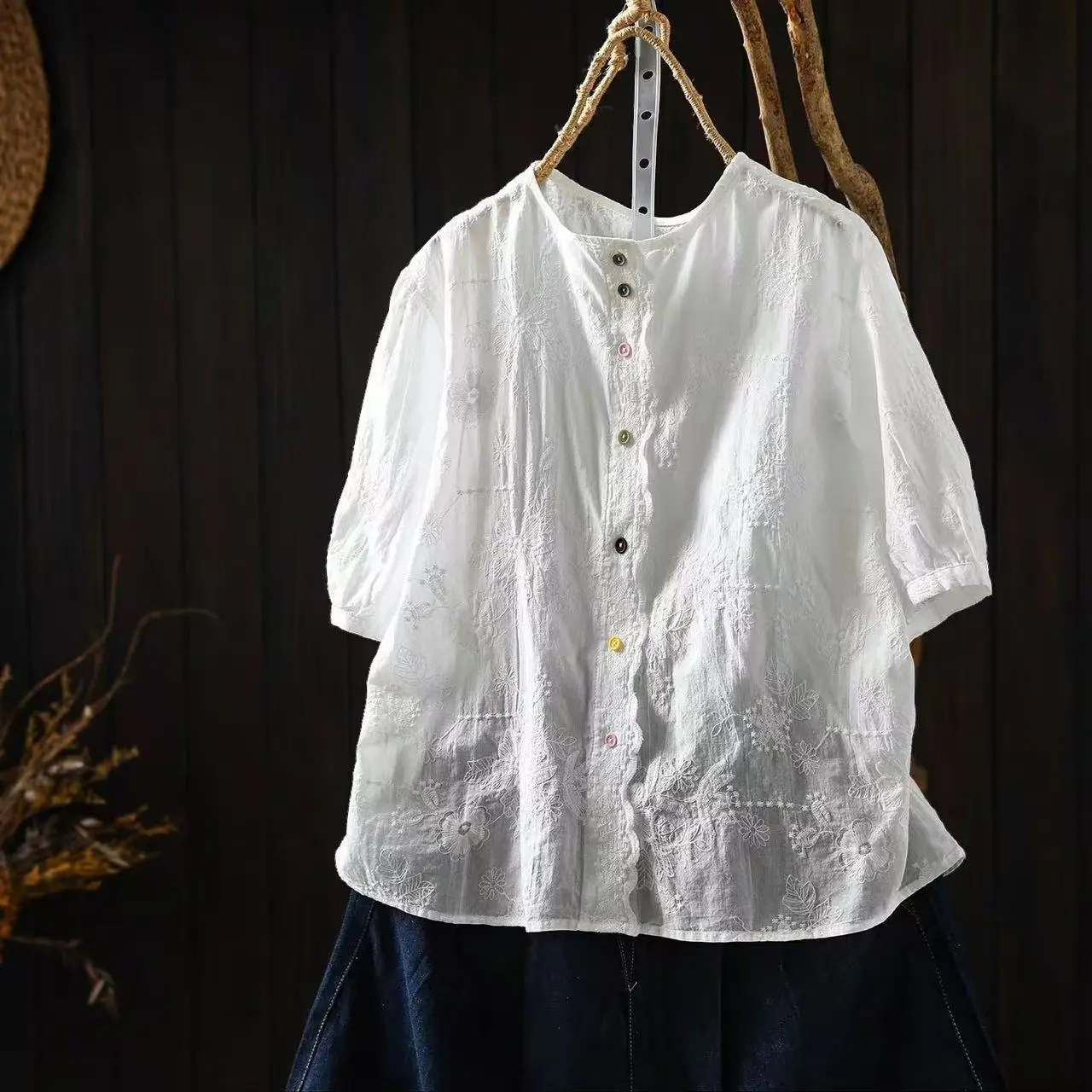 Women 100% Cotton Floral Eyelet Embroidery Blouse Round Neck Lace Trim Colorful Button Short Sleeve Summer Tunic Shirt