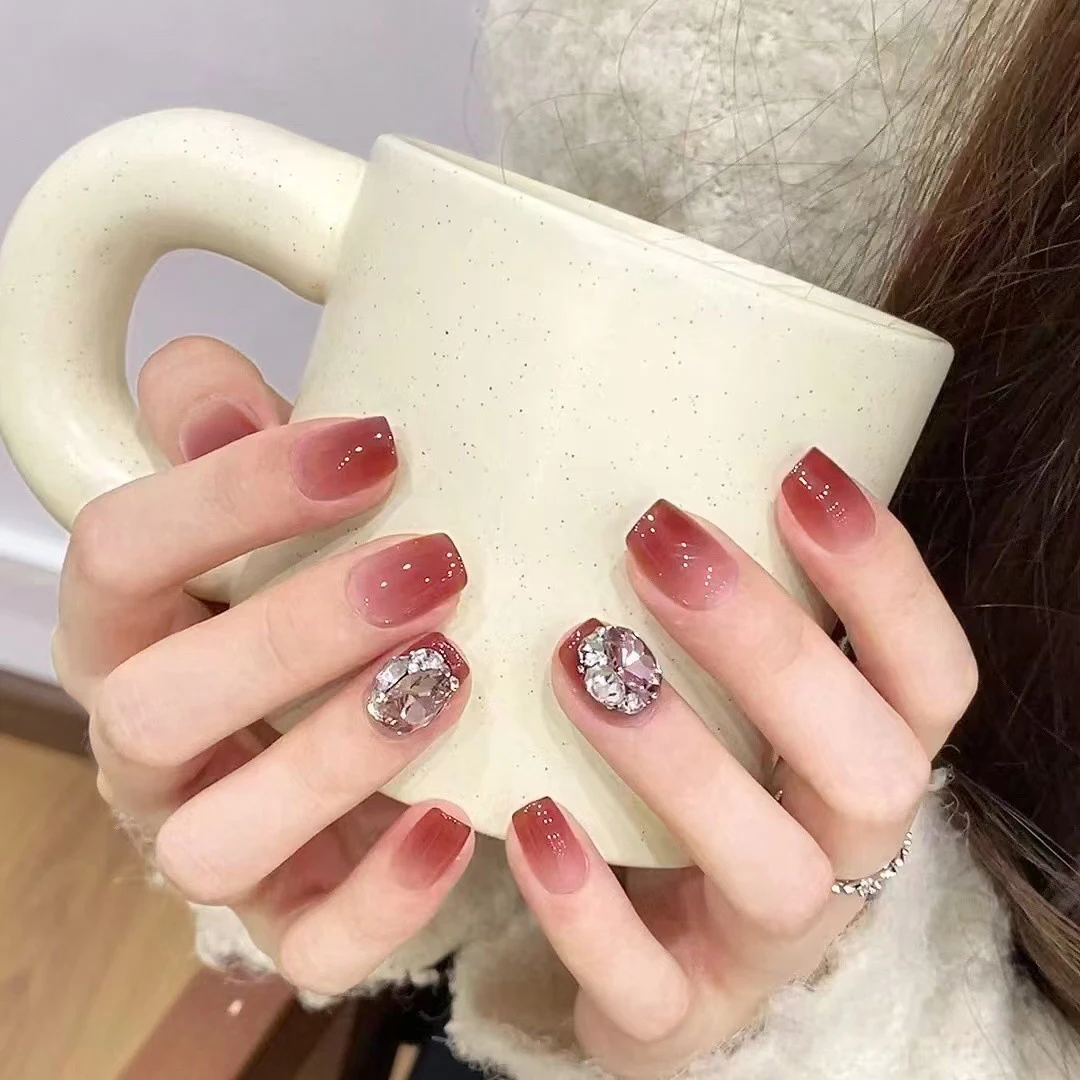 シャンパンカラーキャットアイ手作りプレス爪ラインストーン装飾偽爪ダイヤモンドウェアラブル再利用可能な偽爪のヒント 10 個