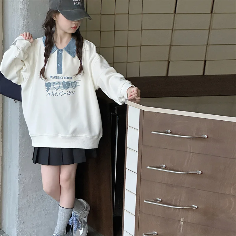 

Осенний свитшот для маленьких девочек с отложным воротником и буквенным принтом, детский топ для девочек, свободная футболка с длинными рукавами для девочек-подростков