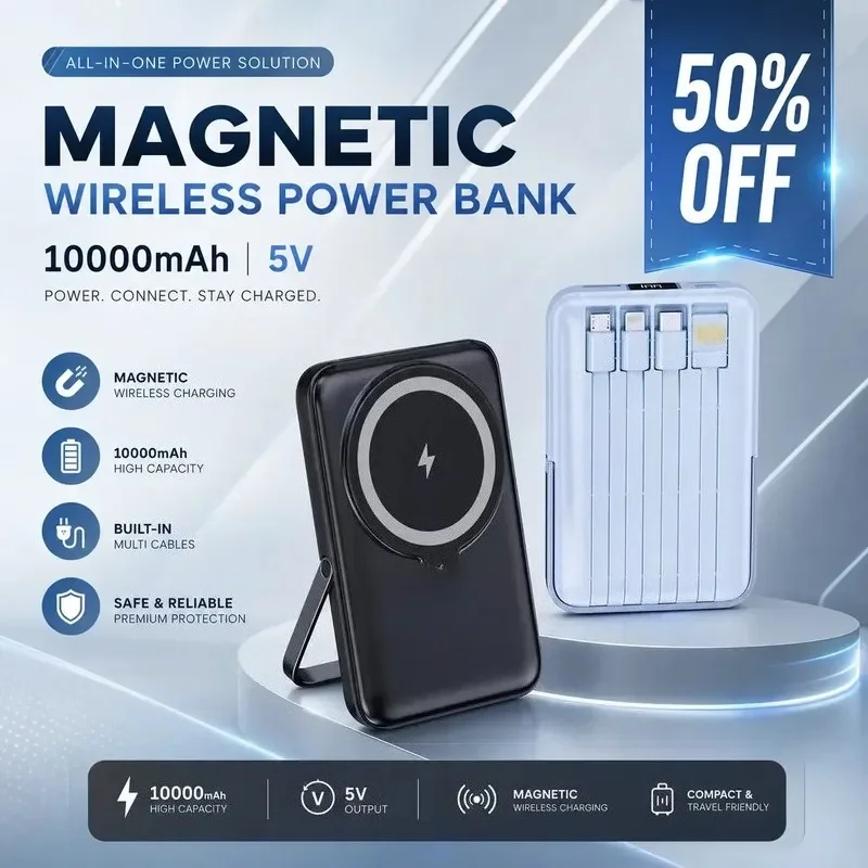 10000mAh 3.7V Power Bank with Built-in Cable for Magnetic Suction Bracket Fast Charging Compact Portable Wireless Charging