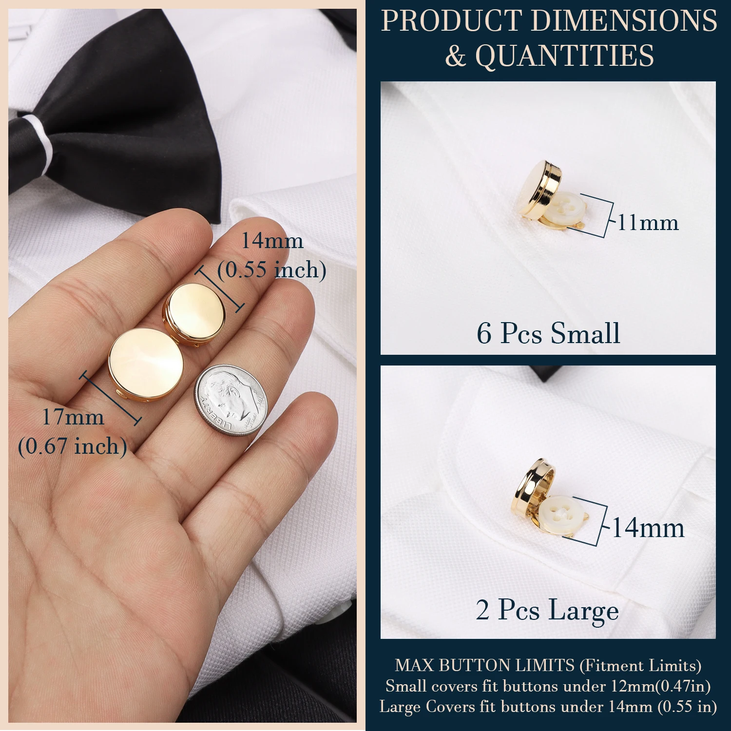 Instant Tuxedo Style Shirt Button Covers 8Pcs Gold Metal No Sew Button Enhancers for Men's Formal Wedding Dress Shirts
