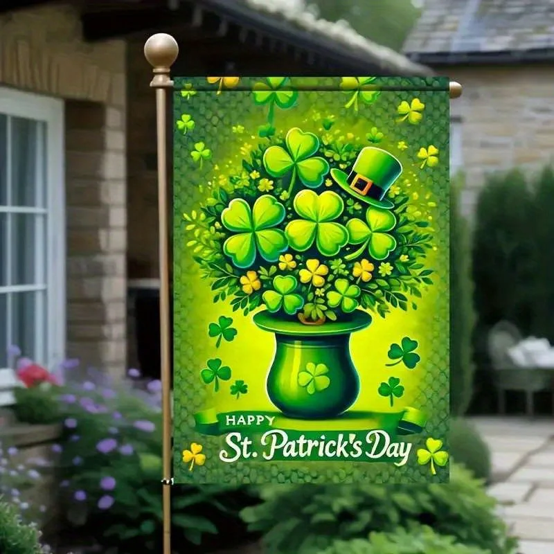 1pc, Shamrock Green Hat Canister Pattern Garden Flag, St. Patrick's Day Theme, Double-Sided Print, Polyester Material