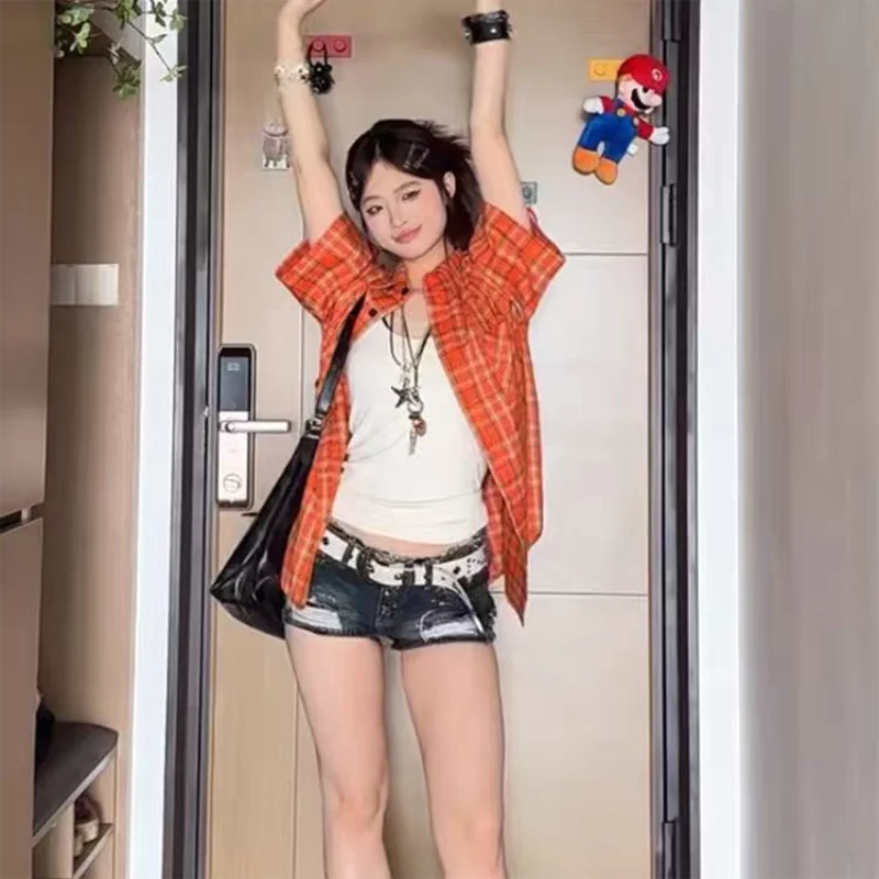 قميص منقوش بأكمام قصيرة بتصميم برتقالي عتيق للنساء، قميص منقوش فضفاض للزوجين، ملابس علوية غير رسمية متعددة الاستخدامات #2