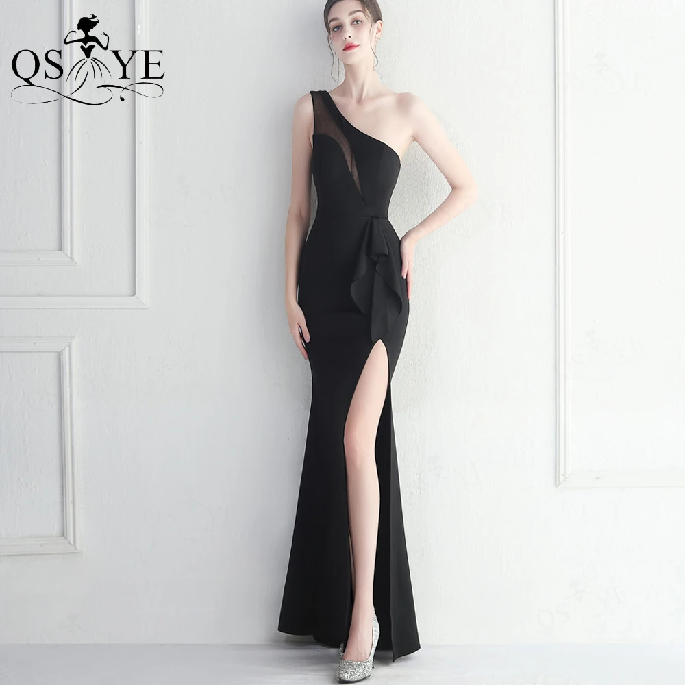 

One Shoulder Black Long Prom Dresses Peplum Sheer Keyhole Sexy Split Evening Gown Ruffles Girl Stretch Satin Party Dress 2023