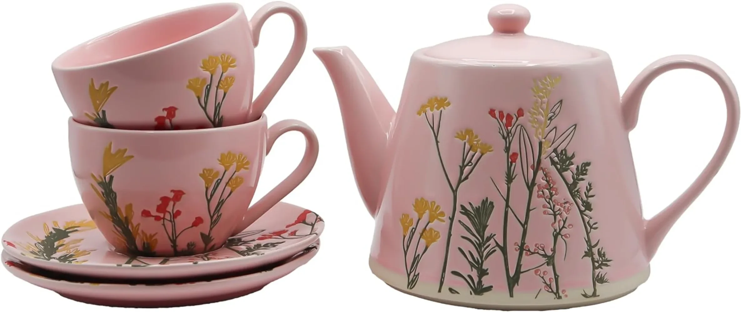 

Porcelain Tea Set Modern Pink Teapot (28.7 Fl Oz) and 2 Cups and Saucers (9.2 Fl Oz)