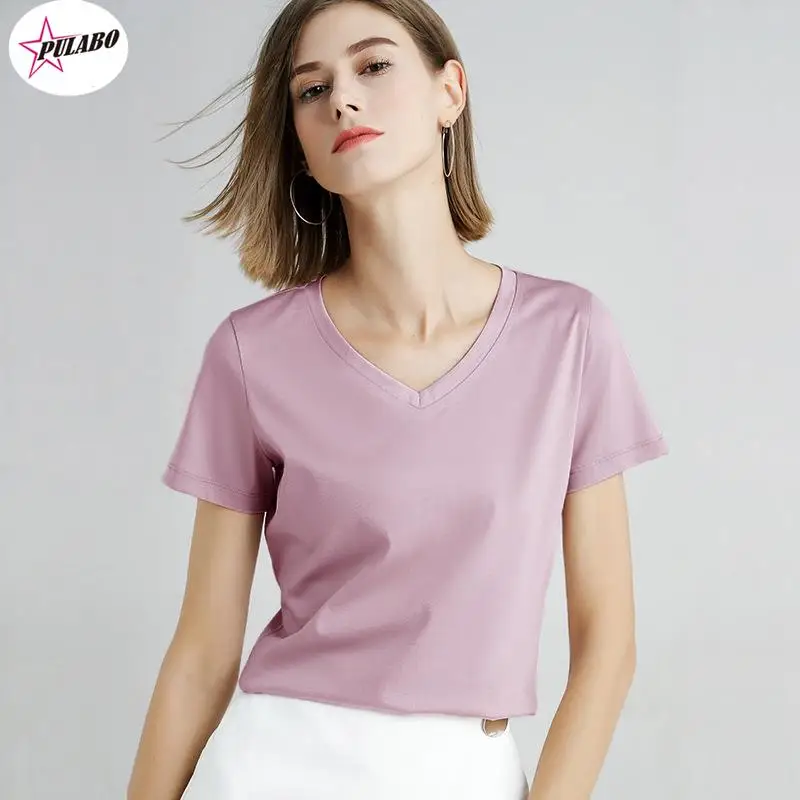 PULABO Tees Summer Casual Solid V-Neck T-shirt Women Cotton Basic Short Sleeve Tops Female Soft White Tee Shirt Harajuku y2k