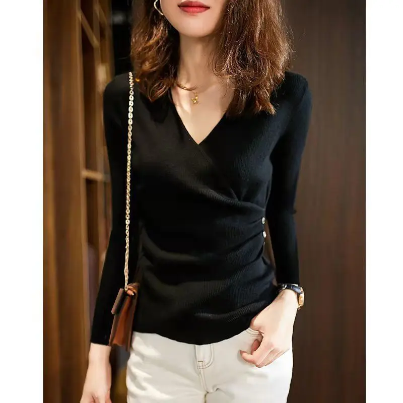 Elegant Slim Short Sweaters Spring New Long Sleeve V Neck Solid Pleated Button Pullovers Top Fashion Temperament Women Clothing