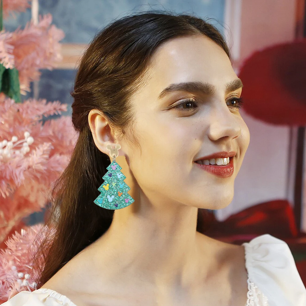 Acrylic Christmas Tree Earrings for Women Girls Fashion Shiny Colorful Mickey Mouse Christmas Tree Earrings Christmas Gift