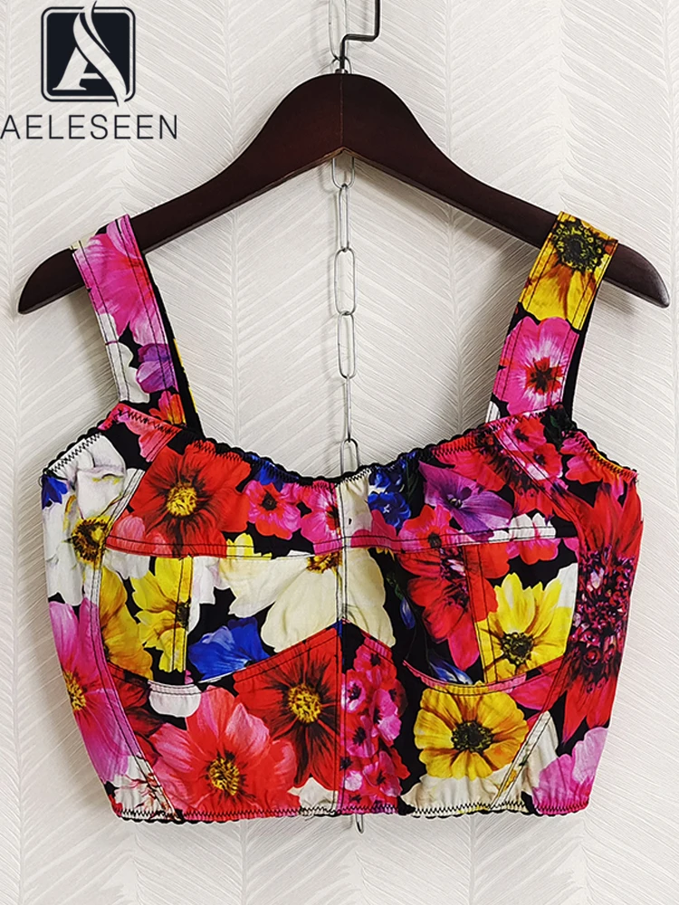 

AELESEEN 2022 Women 100% Cotton Camis Corset Runway Fashion Red Flower Print Sicilian Spaghetti Strap Short Bustier Poplin Crop