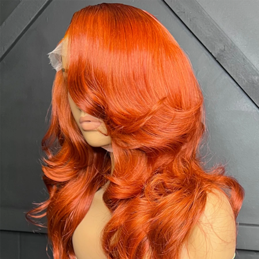 Peluca de cabello humano ondulado para mujer, postizo de encaje Frontal 13x4 HD, Color naranja jengibre, 200de densidad