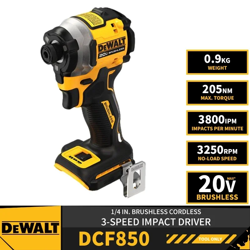 DEWALT DCF850 1/4in Brushless Cordless 3-Speed Impact Driver 20V Lithium Power Tools Electric Screwdriver Drill 3250RPM 205NM