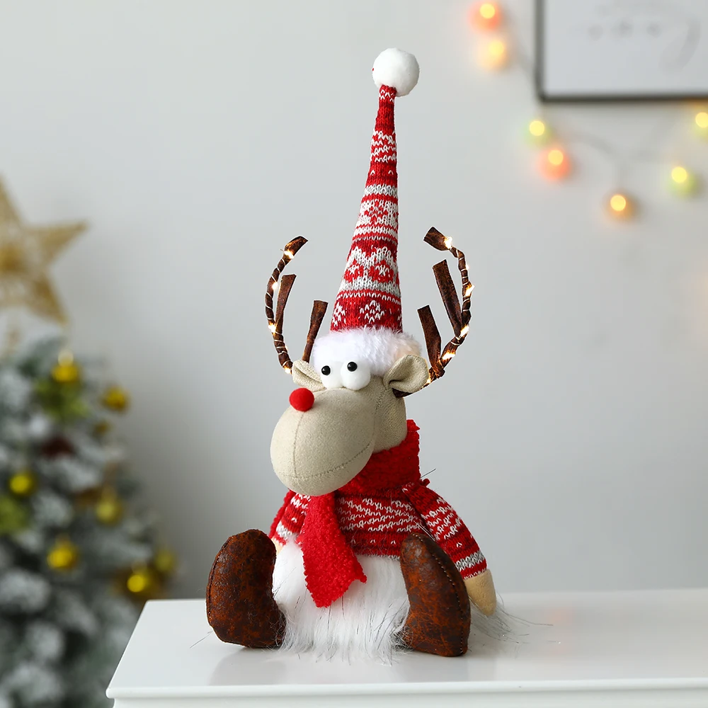 Lighted Christmas Sitting Elk Doll Christmas Decoration for Home Party Knitted Plush Doll New Year Gift 2023 Navidad Kids Toys