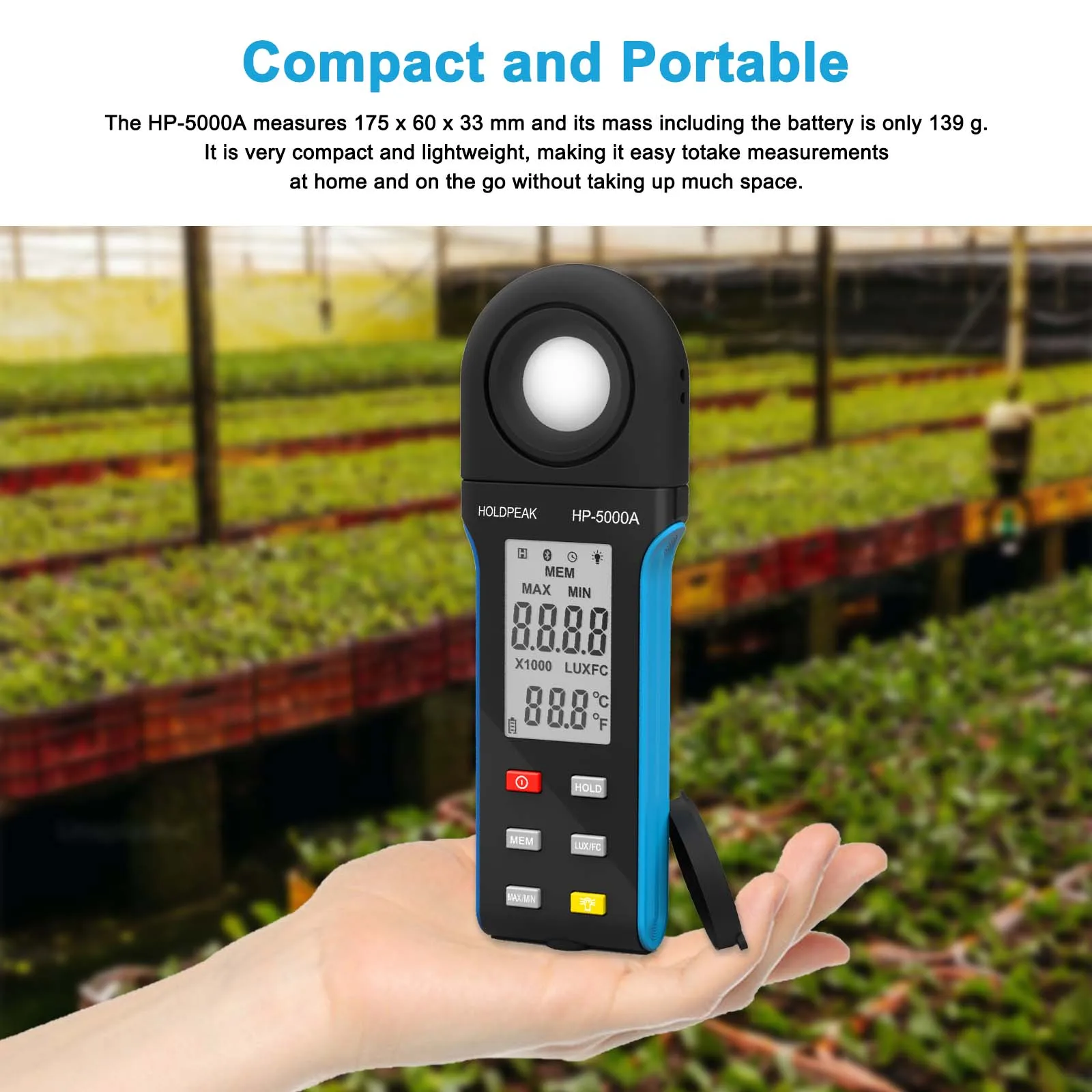 Illuminance Meter, HP-5000A Photometric Physical Measurement Tester, Rapid Response Low Power, Can Adjustable 90° or 270° Angle