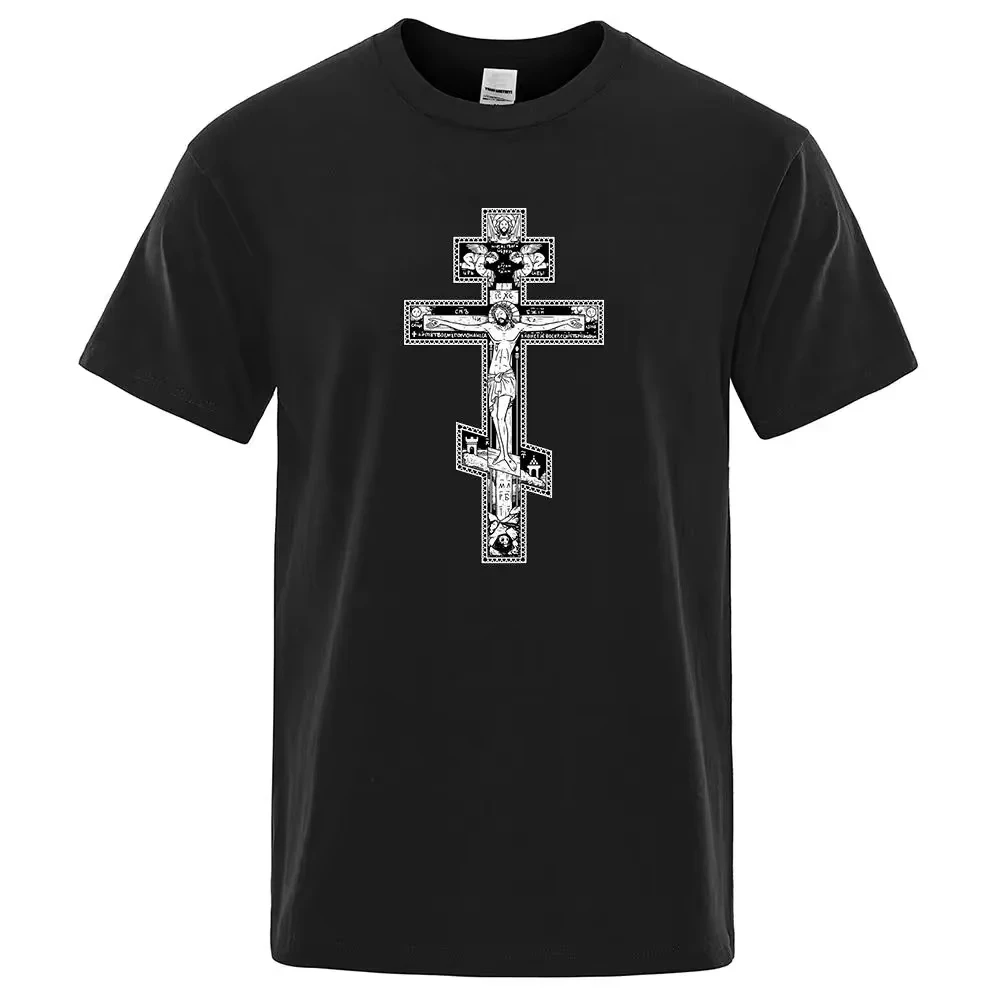 

Gothic Dark Style Orthodox Cross Jesus Little Angel Male Clothing Fashion Cotton Loose Tshirt Pattern Casual Summer Tee
