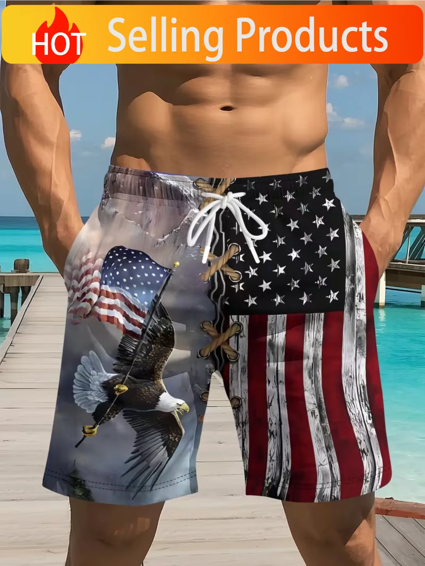 Summer Men's Stars and Stripes Patriotic American Bald Eagle Seagull Printed Hawaiian Beach Shorts for Seaside Vacation on Indep