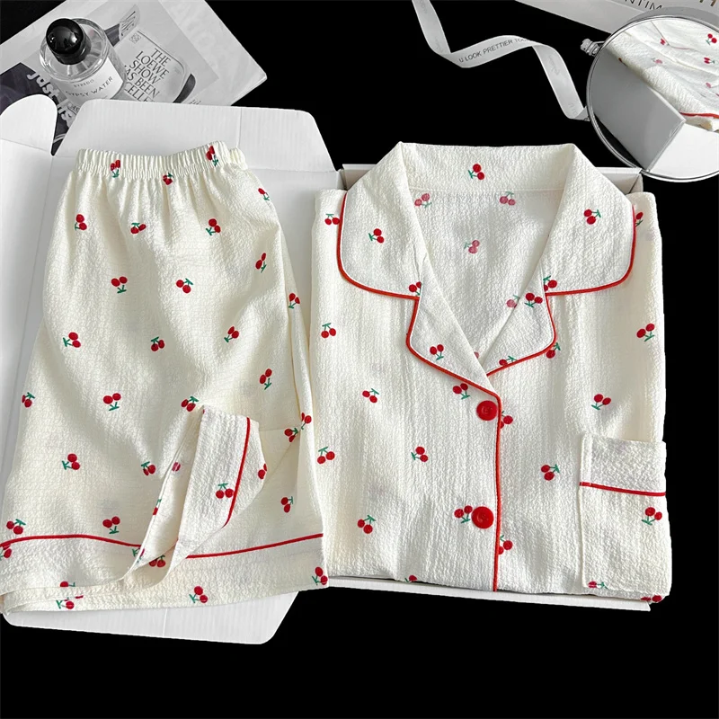 

Summer ort Sve Spwear Women's Bubble Gauze Pleated Cardigan Sweet Little Cherry Thin Home Clothes Set Casual Sle