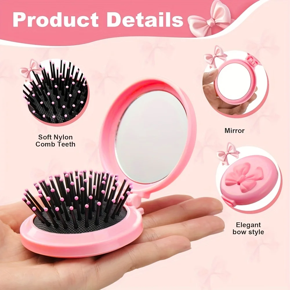 2/6/12-teiliges Rosa Mini-Haarbürsten-Set mit Schleife & Klappspiegel, Reisegröße, Geschenk für Frauen, Hochzeit, SPA, Party – Detail 6