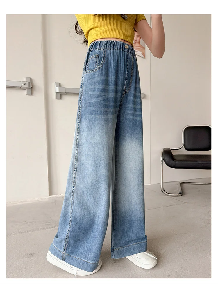 Mädchen Sommer Einfache Jeans 2026 Neue Dünne Weite Hosen Mittlere und Große Kinder Lose Gerade Freizeithosen für Kinder 5-14 Jahre – Detail 2