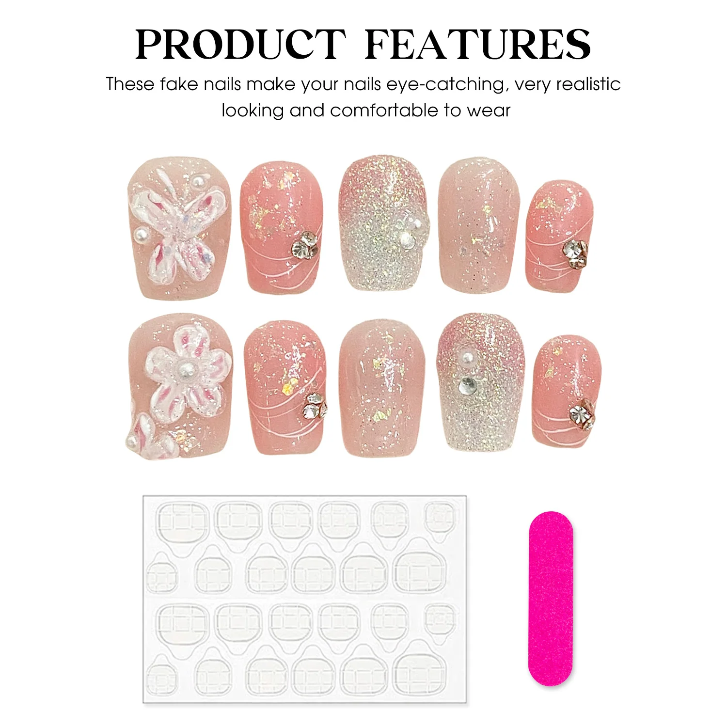 Handmade Press On Nails French Short Floral Pattern False Nails Wearable Resuable Sweet Girls Shiny Pink Fake Nail Patches
