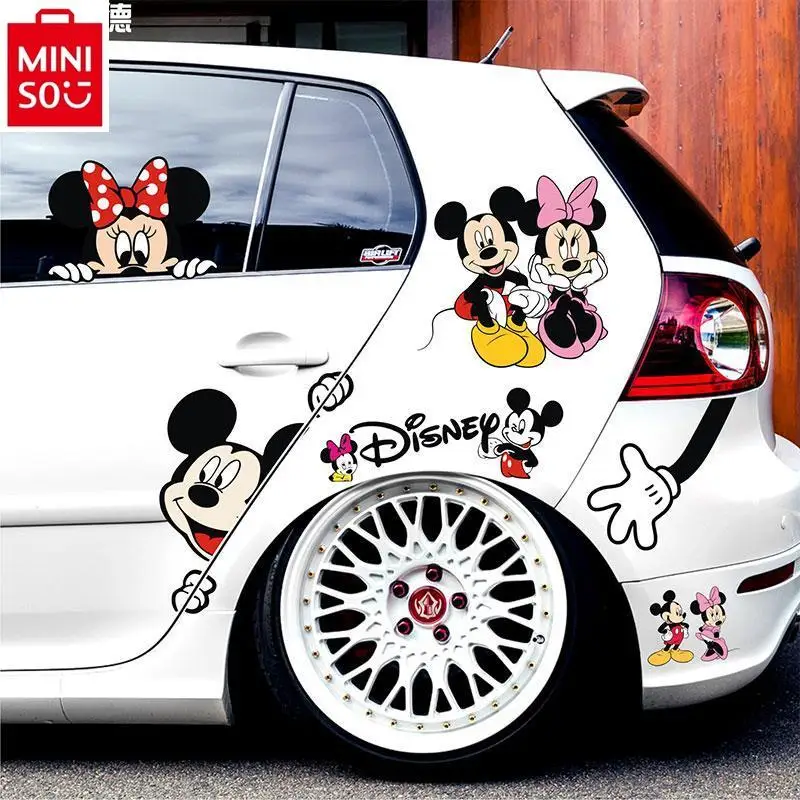 MINISO Car Creative Personalized Door Stickers Cute Cartoon Mickey Minnie Couple Rear Decoration Stickers Accessories