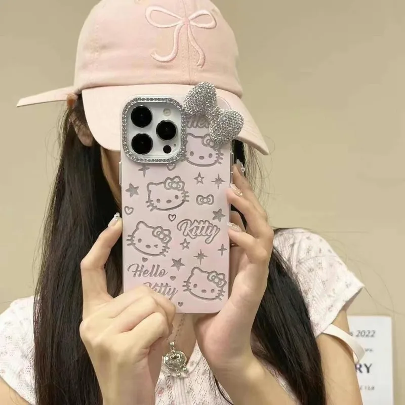 3D Cartoon Sanrio Hello Kitty Star Bow Bling Glitter Cute KT Phone Case For iPhone16 15 14 13 12 11 Pro Max Y2K Anti Fall Cover