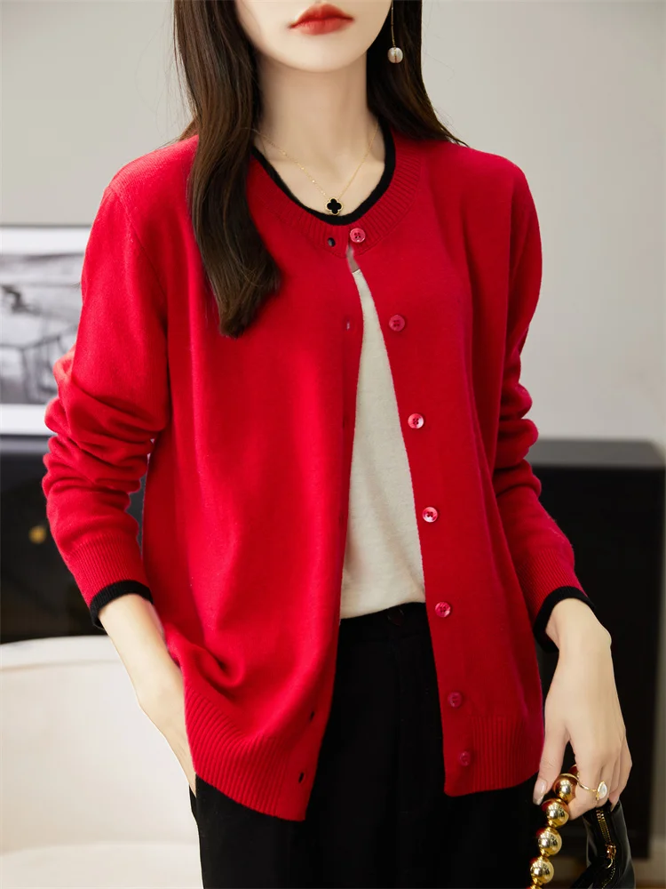 ADDONEE Women O-neck Cardigan Long Sleeve Cashmere Sweater Autumn Winter 100% Merino Wool Knitwear Korean Popular Clothing Tops