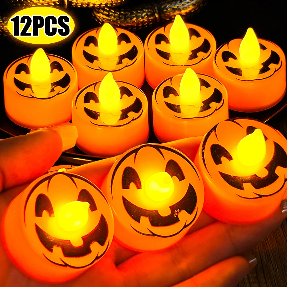 

12/1pcs LED Halloween Pumpkin Candle Light Spider Web Light Lantern Flameless Candle Lamp Home Bar Party Decoration Night Light