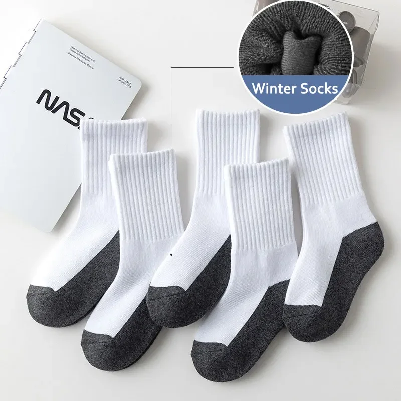 5 Pairs/Lot 1-15 Years Children Cotton Socks for Winter 2023 Boys Thick Terry Socks Black White Solid Kids Girls Keep Warm Socks