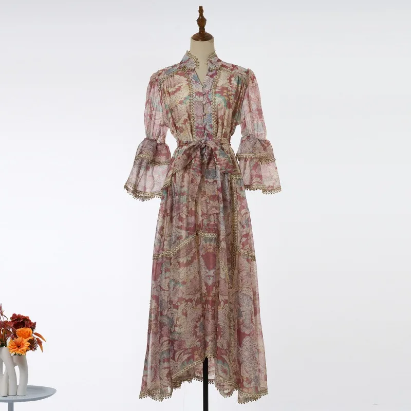 

2026 New French Retro Sexy Lace Dress Elegant Slim Fit Waist Tie Long Dress