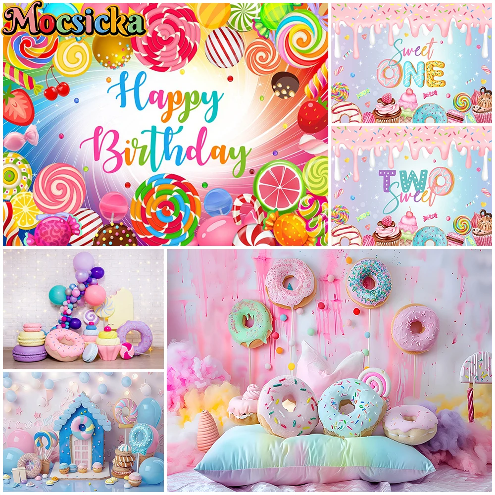 

Mocsicka Happy Birthday Backgrounds Photography Dessert Candy Donut Decorations Baby Photo Backdrops Party Shooting Props Studio