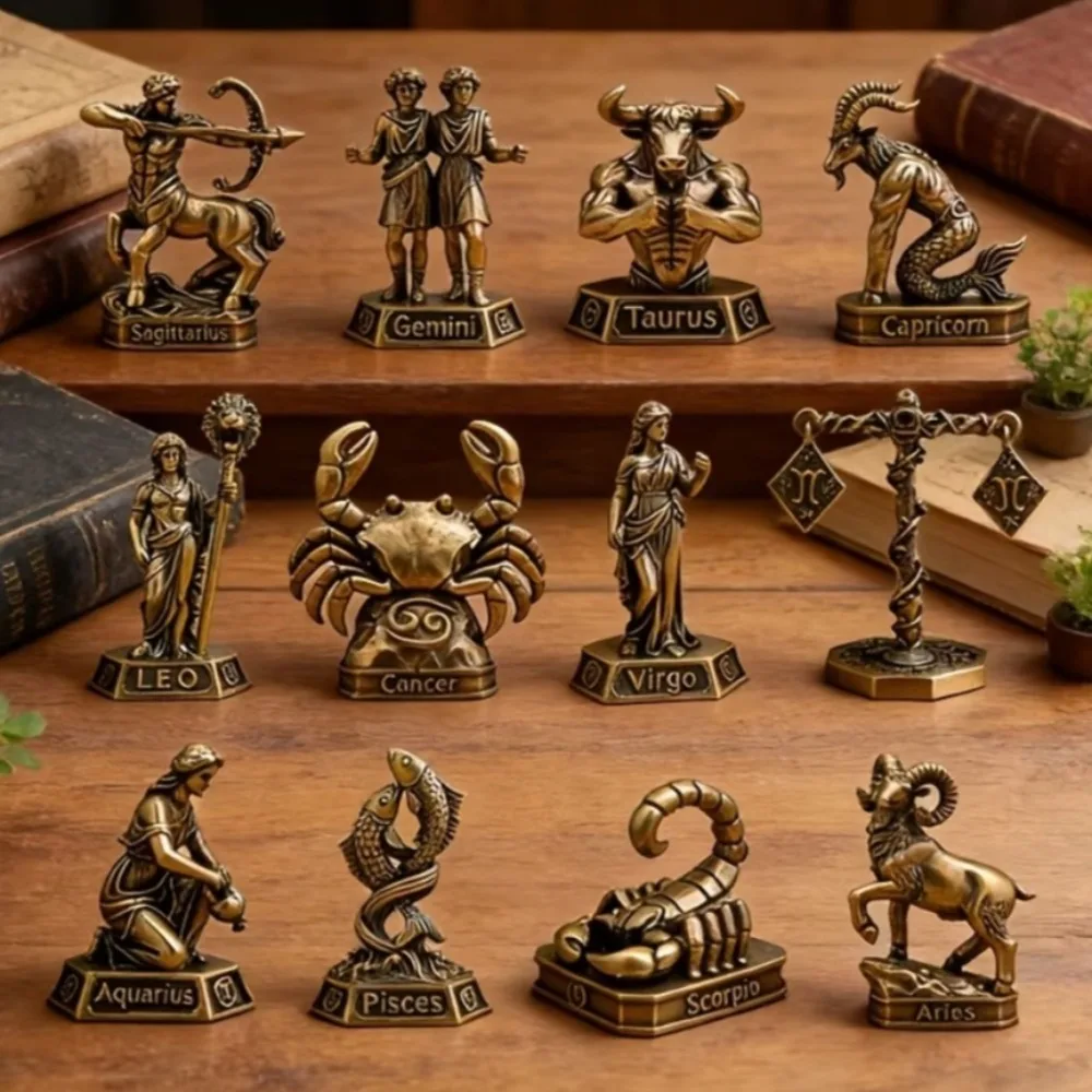 Vintage Brass 12 Zodiac Signs Figurines Constellation Metal Statue Ornament Desktop Home Decor Collectible Craft Birthday Gifts