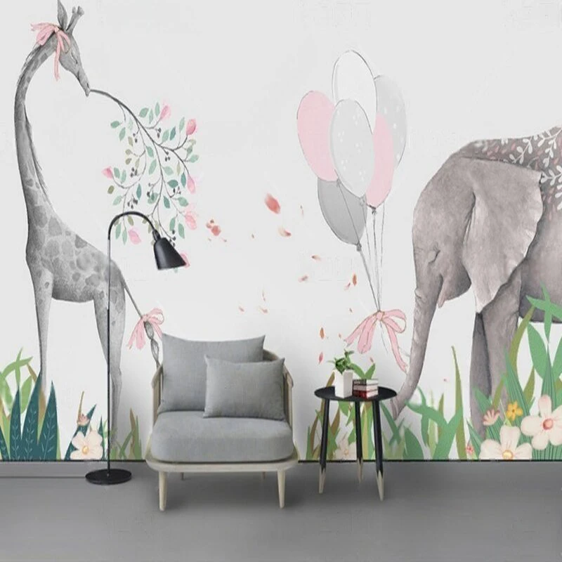 Modern simple and fresh hand-drawn cartoon animals children's room TV luxurious home decoration bedroom background wall
