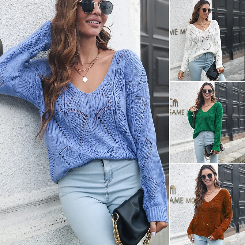 

Autumn Clothes For Women Sweaters Knit Long Sleeve Tops Loose V Neck Pullovers Blouse Hollow Out Knitwear Sweatshirt Loungewear