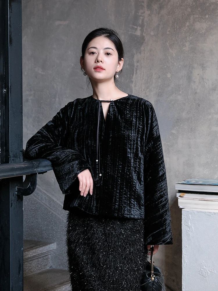 

Женский свитшот Ele Velvet с одним открытым плечом, свободного кроя, в китайском стиле, с длинными рукавами, осенняя мода, национальный тренд