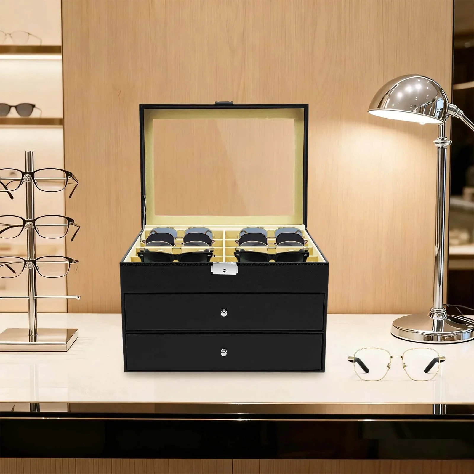 サングラス収納ウォッチ、24個のメガネ収納メガネボックスメガネケース、ガラスディスプレイウィンドウ付き、ジュエリー積み重ね可能な収納ボックス