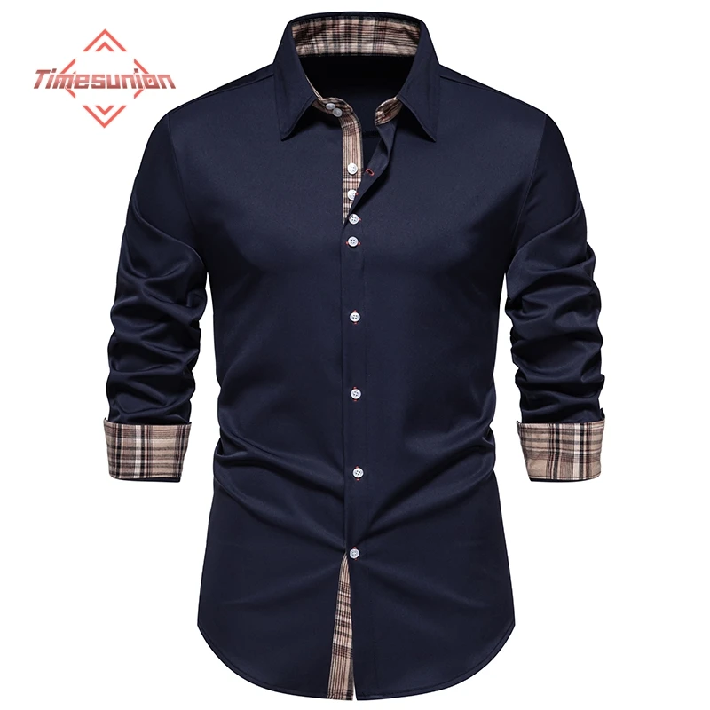 

Plaid Color Block Navy Shirt Men 2024 Spring New Slim Fit Long Sleeve Mens Dress Shirts Party Casual Male Social Shirt