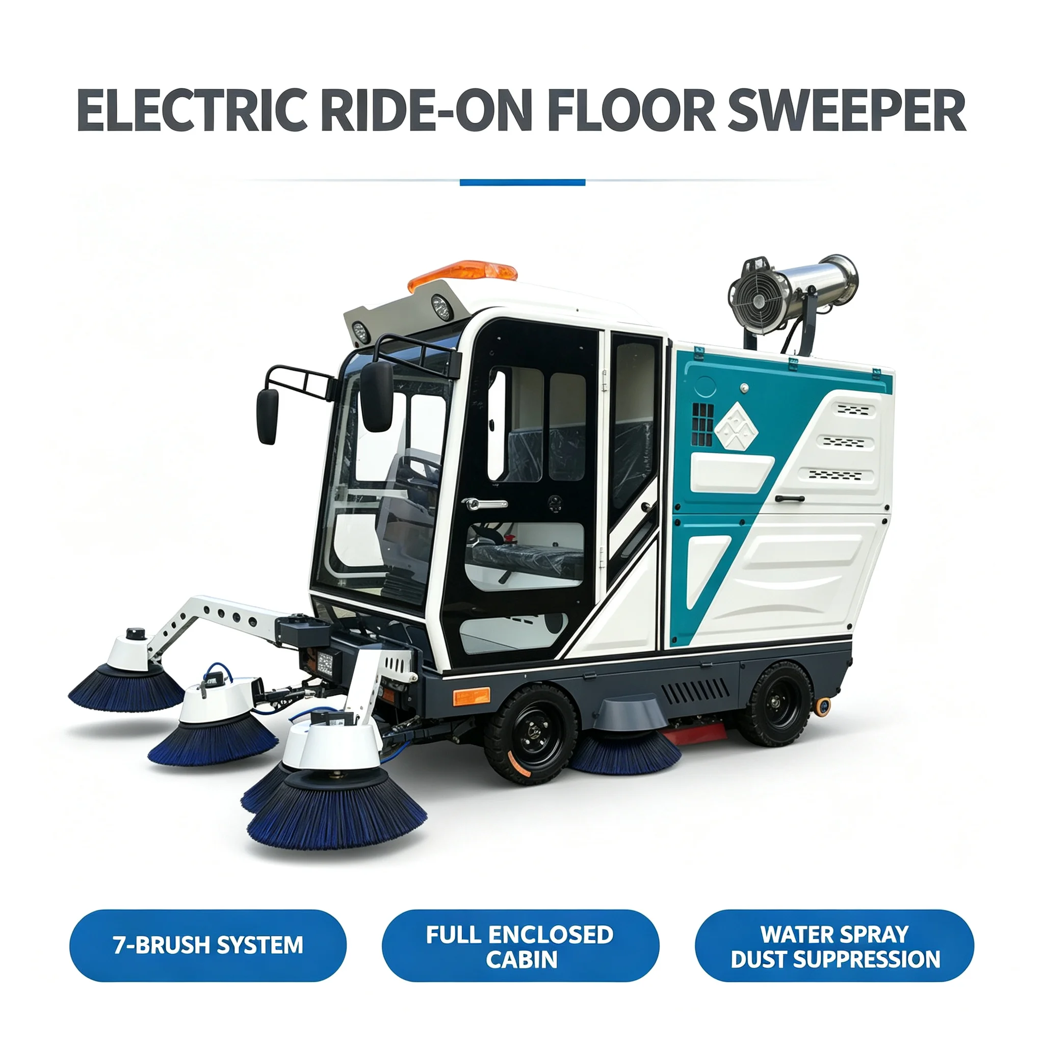 3000mm Sweeping Width Ride-on Street Sweeper 48V Battery Floor Cleaning Truck 20000m²/h High Efficiency Sweeper with Water Gun
