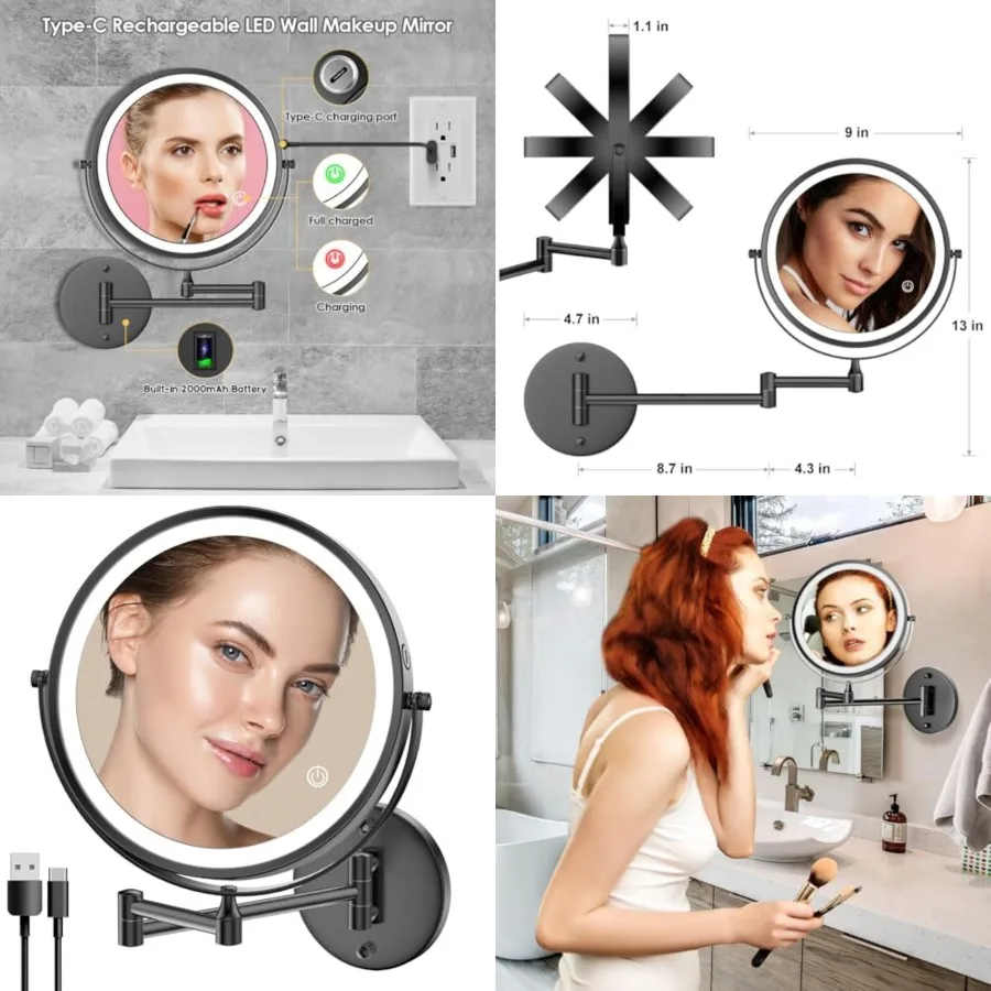 

Wall Mounted Lighted Makeup Mirror, Large Double Sided 1X/10X Magnifyg Mirror, 3 Color LED Vanity Mirror, Touch Dimmable 360° S