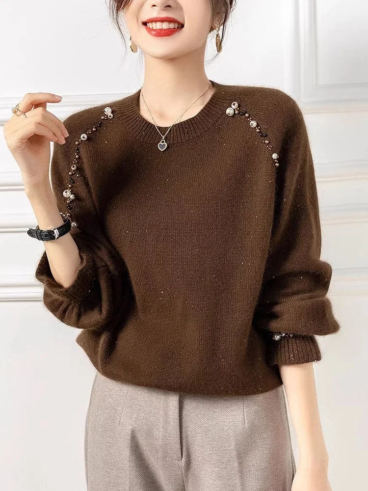 

Женский вязаный свитер Ele Long Sve с круглым вырезом, модный, приталенный, с декоративными вставками в стиле пэчворк, из камвольной шерсти